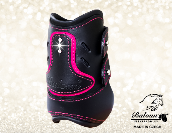 Pony fetlock boots Baloun® made of black leather with pink design leather and Swarovski crystals