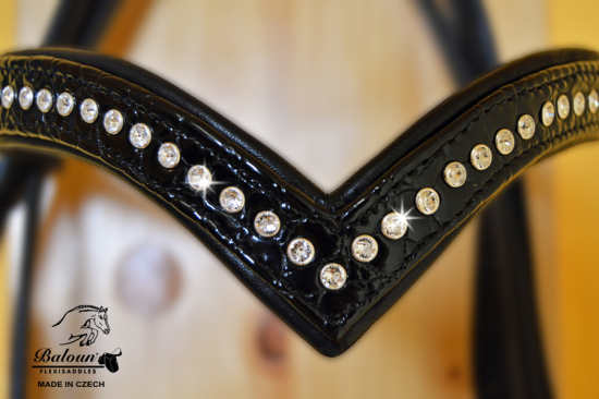 Detail of bridle browband with design leather and Swarovski crystals