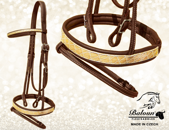 Bridle made of mocca leather with beige croco design leather