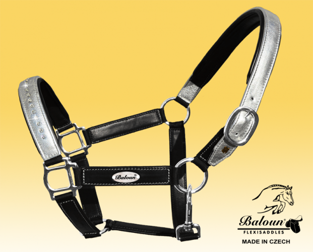 Black leather halter Baloun® with silver design leather, bright stitching and Swarovski crystals