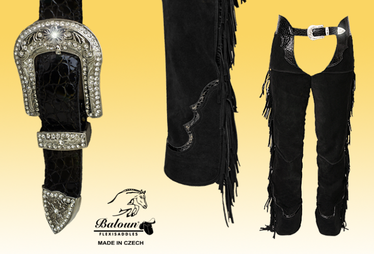 Black western chaps Baloun. Decorative parts: upper seat and bottom hem made of design leather.