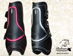 Pony tendon boots Baloun® made of black leather with pink and silver design leather. Complemented by Swarovski crystals