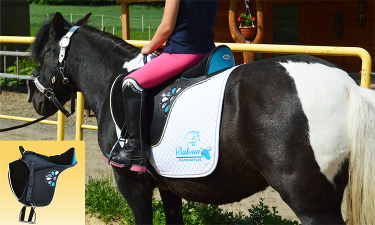 Mini saddle Baloun made of black leather with turquoise flower with Swarovski on both sides and turquoise back cantle