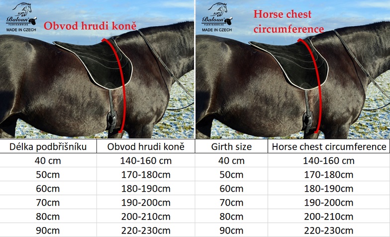 Size chart of girths according to horse's chest circumference. How to correctly measure the horse chest find in product description