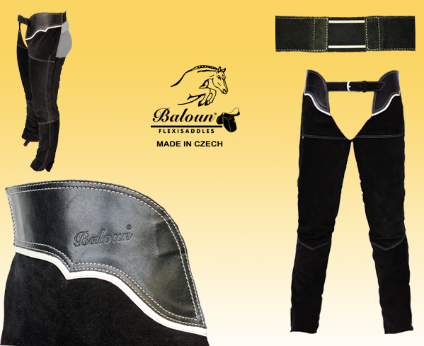 Full chaps Baloun® made of black velour leather. Possible with bright hem at the waist as a decorative part.