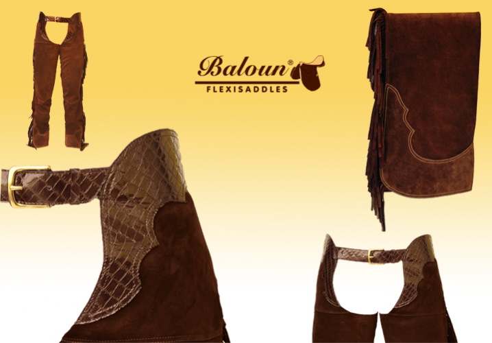 Western full chaps Baloun®. Decorative parts: upper seat made of design leather and bottom hem made of double leather.