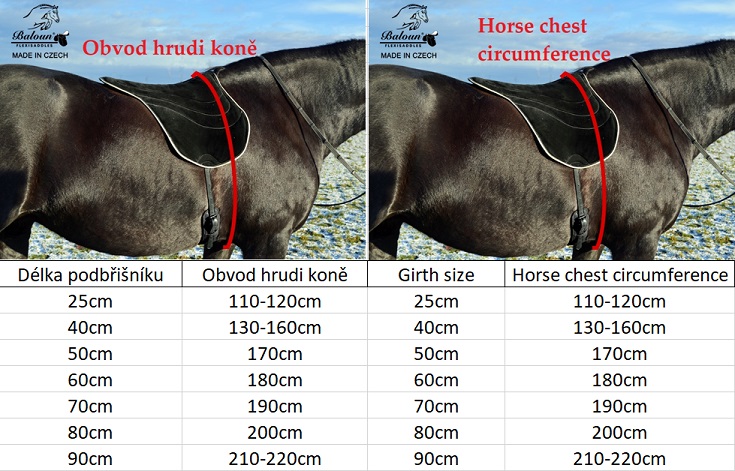 Size chart of girths according to horse's chest circumference. How to correctly measure the horse chest find in product description
