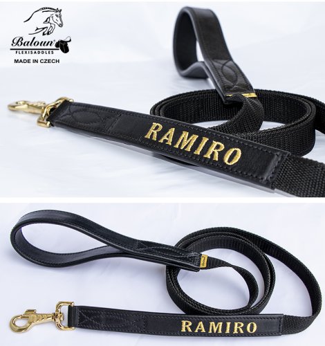 Horse lead rope Baloun® with name. Made of leather and nylon strap. The lead rope is in brown leather to brown set.