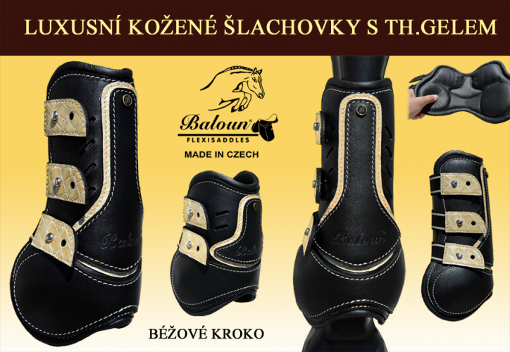 Černé kožené chrániče Baloun® pro koně. S designovou kůží béžové kroko