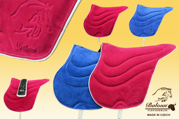 Fully gelled riding pad Baloun® - dark pink and blue velour leather with bright hem