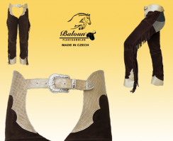 Western chaps Baloun® made of velour leather. Decorative parts: upper seat and bottom part of the pants made of design leather.