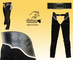 Full chaps Baloun® made of black velour leather. Possible with bright hem at the waist as a decorative part.