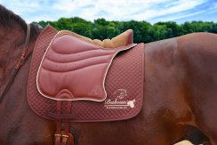 Academic pad - special - chestnut smooth leather + nougat velour leather on the horse with saddle pad Baloun