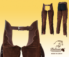 Dark brown full chaps Baloun® made of velour letaher, with fringes. Buckle fastening.