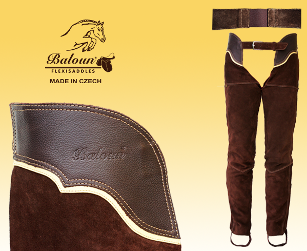 Full chaps Baloun® made of dark brown velour leather with bright hem at the waist.