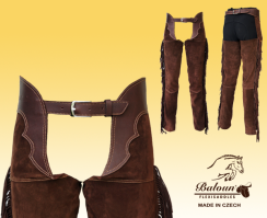 Dark brown full chaps Baloun® made of velour letaher, with fringes. Buckle fastening. Dark brown full chaps Baloun® made of velour letaher, with fringes. Buckle fastening.