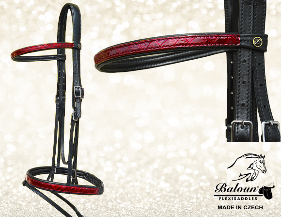 Bridle made of black leather with Bordeaux croco design leather