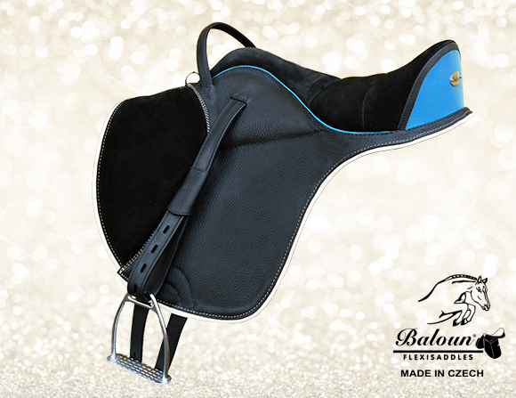 Baloun® saddle for children made of black leather with turquoise paspel and back cantle - model 6